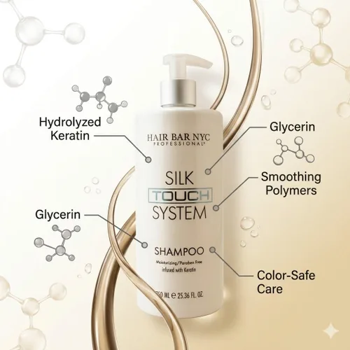 Miniatura 7 de Hair Bar NYC Silk Touch System Keratin Care Champú alisador con queratina pura y biotina para cabello tratado químicamente y coloreado, 25.36