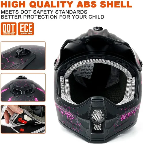 Miniatura 5 de Orthrus Casco de motocross para niños, casco de moto todoterreno con patrones de riesgo biológico color rosa, casco de motocross ATV aprobado por