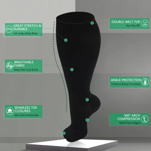 Miniatura 6 de Paquete de 3 calcetines de compresión de talla grande para mujeres y hombres, medias extra anchas de pantorrilla hasta la rodilla para soporte
