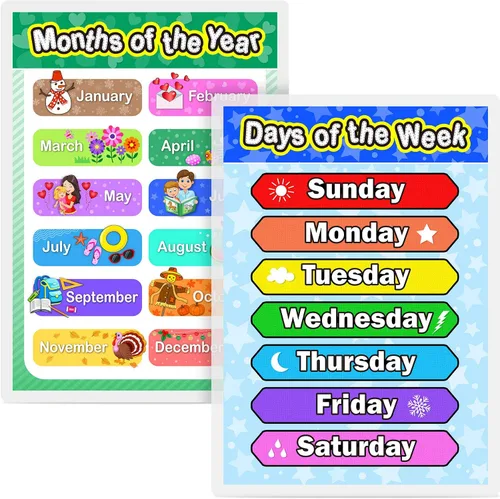Blulu Póster preescolar laminado para niños pequeños y niños, 2 piezas de pósteres laminados completos de días de la semana y meses del año para
