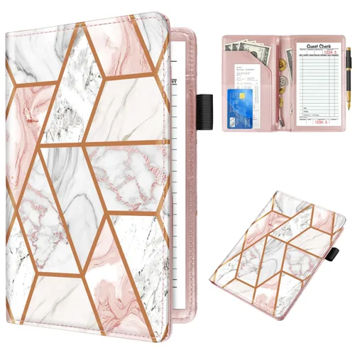 Libros de servicio lindos para camarera y camarero, libreta de notas de visitantes de cuero con cremallera, organizador de dinero y cartera, Mármol