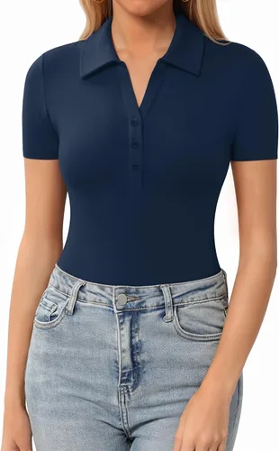 Miniatura 6 de HERLOLLYCHIPS Womens Short Sleeve Tops V Neck Button Down Collared Fitted Shirts