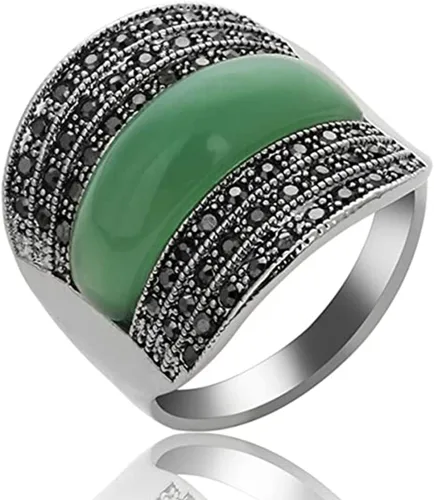 Anillos de fiesta de cóctel para mujer, diseño de marcasita de resina color verde y negro