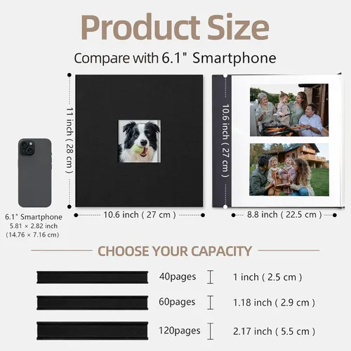 Miniatura 8 de Vienrose - Álbum de fotos grande autoadhesivo para fotos 4x6 8x10, álbum de recortes de lino DIY, 40 páginas en blanco con un bolígrafo metálico