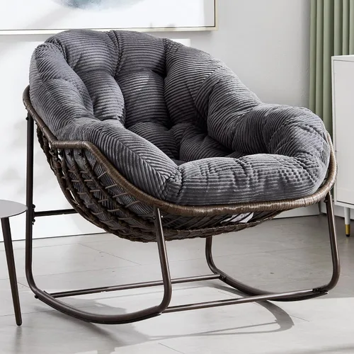 Miniatura 22 de HOMEFUN Juego de 2 mecedoras para patio al aire libre, sillas Papasan Rock de gran tamaño para interiores con cojín acolchado, asiento de huevo
