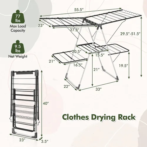 Miniatura 6 de Tangkula Estante de secado de lavandería, estante de secado de ropa plegable con alas ajustables en altura, 33 rieles de secado y clips