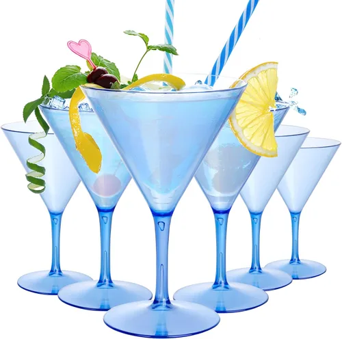 Juego de 6 vasos de Martini Liacere, vasos de cóctel de Martini de plástico azul de 11oz con tallo, vasos de cóctel reutilizables para bar,