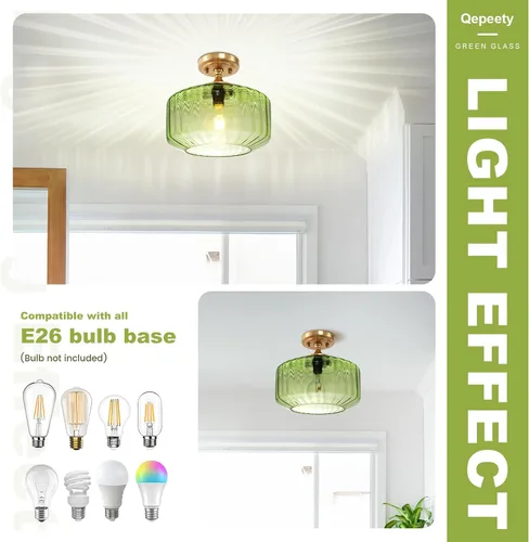 Miniatura 2 de Lámpara de Techo Verde Semiempotrada Vintage de Latón Antiguo Luz Empotrada Superior de Cristal Dorado Candelabro para Casa de Campo Armario Entrada