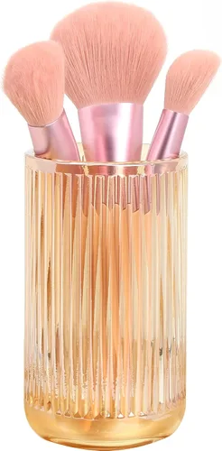 Amber Glass Organizer Cup, Vintage Striped Brush & Pen Holder | Thickened Crystal Glass, 2.84 x 5 Inch, Polished Safe Edges, Reinforced Base,