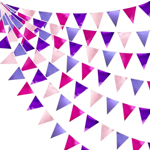 Miniatura 11 de Decoración de fiesta iridiscente de 33 pies, tela holográfica, banderín triangular, banderín de algodón, guirnalda de banderines para cumpleaños
