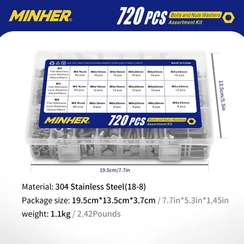 Miniatura 5 de MINHER Kit surtido de 720 tornillos y tuercas M4 M5 M6, acero inoxidable 304 (18-8), tornillos hexagonales tuercas y arandelas, incluye 15 tamaños