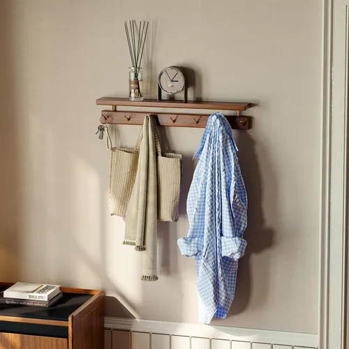Miniatura 9 de Ganchos de pared de nogal con estante, perchero de pared, estante colgante de entrada con 9 ganchos de latón para sombreros, ropa, toallas, bolsos