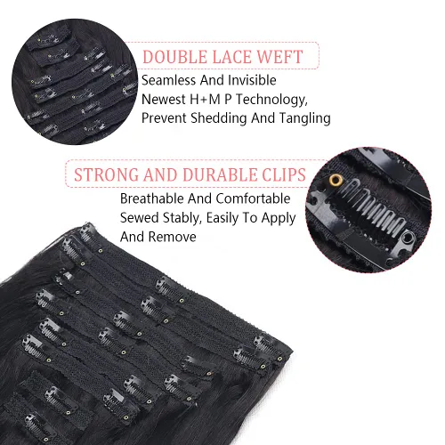 Miniatura 3 de Extensiones de cabello humano real con clip, 8 unidades, cabello humano Remy liso de seda suave natural, 4.23 oz, 20 pulgadas, negro natural #1B, 8