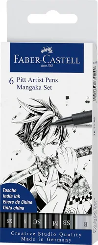 Faber-Castell Pitt Artist Pen Mangaka Wallet - 6 marcadores de artista con ilustración de manga de tinta India (negro y gris)