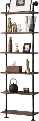 Miniatura 4 de Estantería industrial con escalera de madera rústica, estante industrial para decoración y almacenamiento de sala de estar, estantería