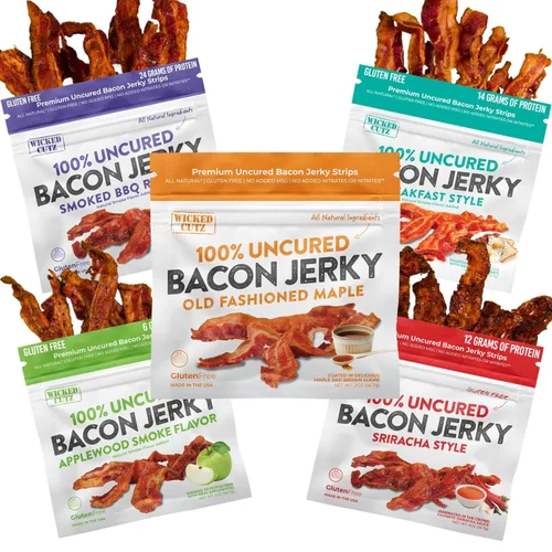 Paquete variado de cecina de tocino, 5 sabores y hasta 0.85 oz de proteína por bolsa, totalmente cocido, sabores atrevidos, excepcionalmente