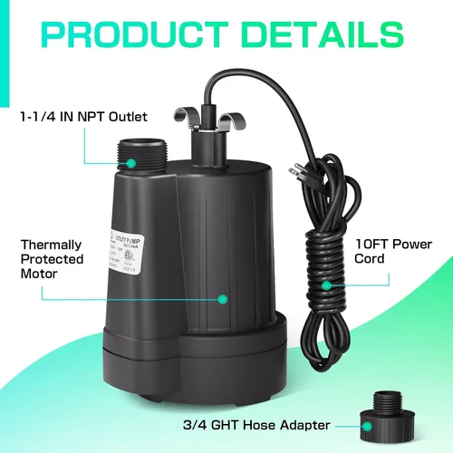 Miniatura 8 de D-HONOR - Bomba de sumidero sumergible para uso general, bomba de agua 1/3 HP 2400 GPH termoplástica eléctrica portátil de transferencia