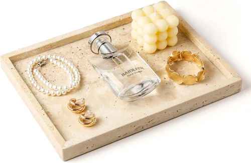 Miniatura 8 de Bandeja de Tocador de Piedra Travertino de Italia para Joyas, Perfume, Maquillaje, Velas, Bandejas Decorativas de Mármol Natural para Baño Tocador