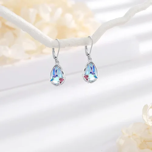Miniatura 278 de Aretes colgantes de plata de ley con diseño de árbol de la vida, flor, abeja, animales, gato, colibrí, piedra lunar, turquesa, aretes con cierre