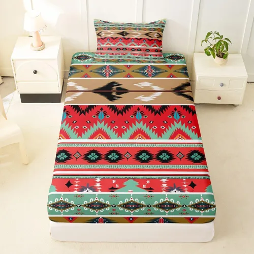Miniatura 23 de Juego de ropa de cama occidental tamaño individual, sábanas aztecas, estilo nórdico exótico, bohemio, sábana bajera ajustable de tribu india