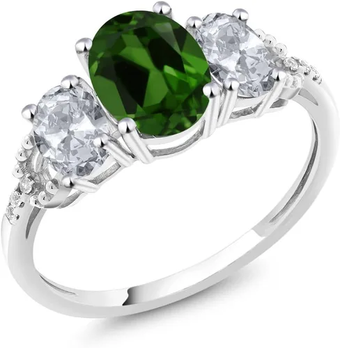 Miniatura 15 de Anillo de compromiso ovalado de oro blanco de 10 quilates con piedra natal y topacio blanco de 3 piedras con detalles de diamante Centro de 0.315