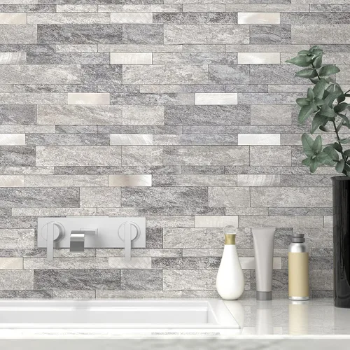 Miniatura 9 de VAOVI Azulejos autoadhesivos para salpicaduras de cocina, azulejos estilo metro lineal de mosaico de piedra para baño, pared de ducha impermeable