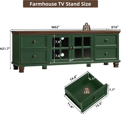 Miniatura 2 de SAVOR LIFE Soporte de TV de granja para sala de estar, centro de entretenimiento verde rústico con armario de almacenamiento, consola de TV