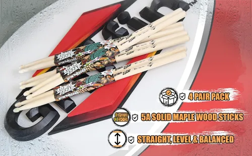 Miniatura 8 de GRIFFIN Attack Zzzap - 4 pares de palos de madera de arce selecta de élite tamaño 5A – Equilibrado, nivelado y recto – Drummers Percussion Classic