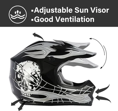 Miniatura 2 de XFMT - Juego de casco DOT con gafas y guantes para motocross, cuatrimoto y vehículos todoterreno para niños y jóvenes, diseño de calavera negro