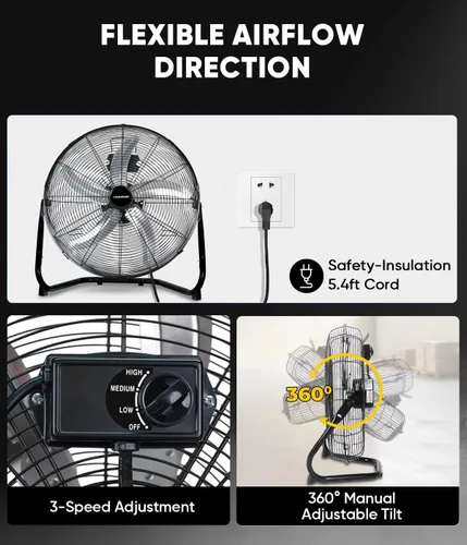 Miniatura 6 de KEN BROWN Ventilador de piso de alta velocidad de 20 pulgadas, ventilador de caja de 5 cuchillas de aluminio con 3 velocidades, 4650 CFM