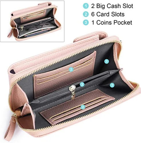 Miniatura 5 de Bolsa cruzada de piel para teléfono celular, con ranuras para tarjetas con protección de interferencia de radiofrecuencia (RFID), de cuero, para Rosa