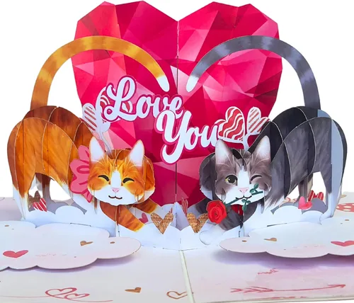 Tarjeta romántica de San Valentín con diseño de gato, 3D, para pareja, gato, para esposa, marido, él, novia, novio, adultos | 6 x 8 pulgadas,
