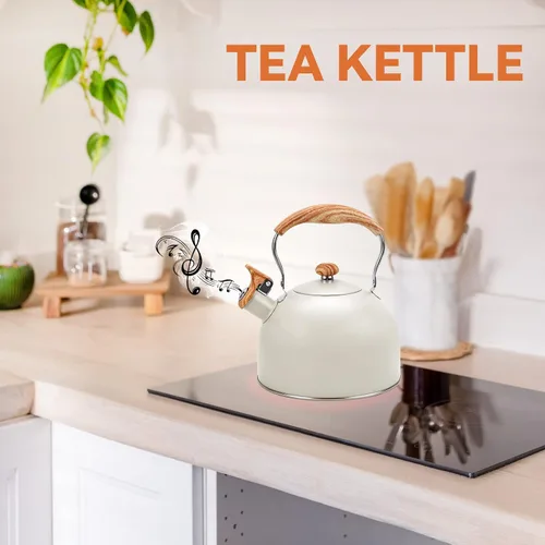Miniatura 7 de Hervidor de Té Foedo para Estufa, Teteras Silbantes de 2.6 Cuartos para Estufa, Mango Plegable Resistente al Calor, Tetera Bonita (Beige)