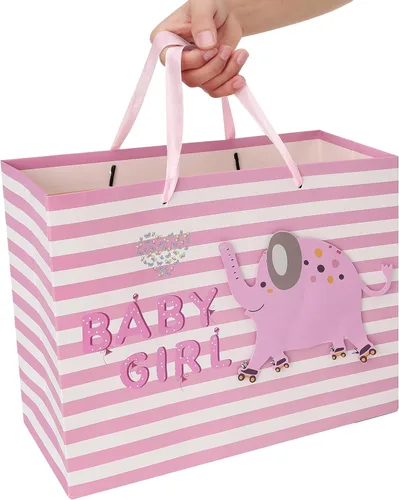 Miniatura 6 de wishinside Juego de bolsa de regalo rosa grande de 13 pulgadas con tarjeta de felicitación y papel de seda (elefante 3D) para bebé, baby shower