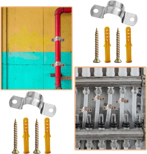 Miniatura 4 de Paquete de 20 correas rígidas de acero inoxidable con pernos de expansión, abrazaderas de soporte en U de dos agujeros para cable de conducto, clips