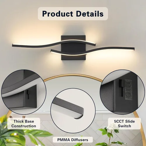 Miniatura 8 de Joossnwell Lámpara de tocador para baño, accesorios de iluminación sobre espejo, negro, regulable, 5CCT, accesorio de iluminación de tocador, luces