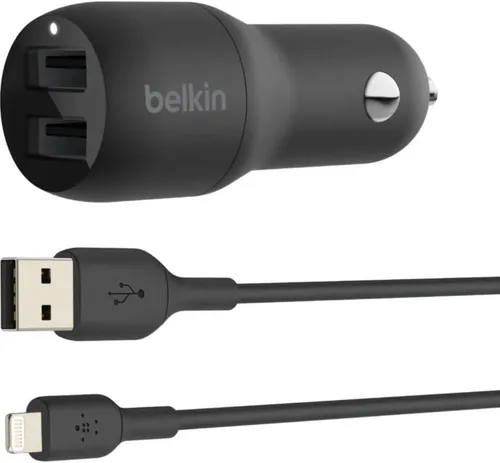Miniatura 2 de Belkin Cargador USB dual para automóvil de 24 W, 2 puertos USB-A de 12 W con cable Lightning, carga rápida para iPhone de Apple, Samsung Galaxy