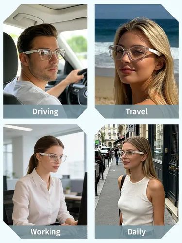 Miniatura 9 de Lentes inteligentes para mujer, con audio de oído abierto, Bluetooth con marco transparente, llamadas manos libres, cómodos de llevar para viajes
