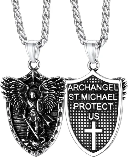 Miniatura 31 de FaithHeart Collar de San Miguel, acero inoxidable, chapado en oro de 18 quilates, amuleto colgante de San Miguel Arcángel para hombres y mujeres