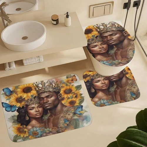 Afro Couple Vintage Floral Flower Romantic Love Bathroom Rug Set of 3, Butterfly 3 Pieces Bath Mats Set for Bathroom, Washable Cover Floor Rug