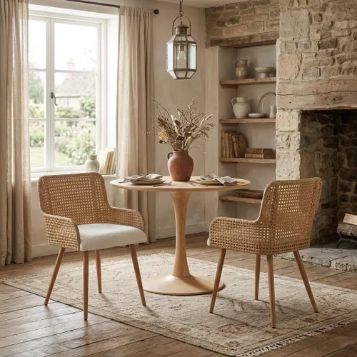 Miniatura 8 de Sillas de comedor de ratán, sillas de comedor tapizadas de tela Boucle con reposabrazos y respaldo de caña de polietileno, sillas de comedor