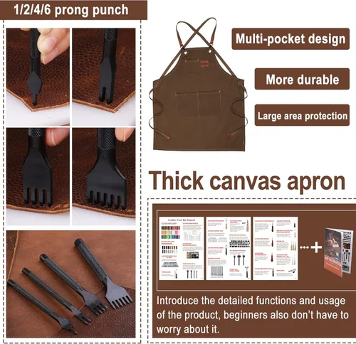 Miniatura 4 de Tikjiua 456 piezas de herramientas para trabajar el cuero con delantal y bolsa de herramientas, kit de manualidades de cuero con herramientas