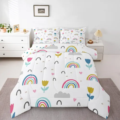 Miniatura 50 de Juego de Edredón de Princesa de Ballet para Niñas Tamaño Individual, Juego de Ropa de Cama de Castillo Arcoíris Kawaii Flores Lindas Mariquita Multi
