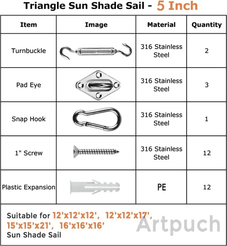 Miniatura 5 de Artpuch Kit de accesorios para toldo de 5 pulgadas para toldo triangular para instalación al aire libre, acero inoxidable 304