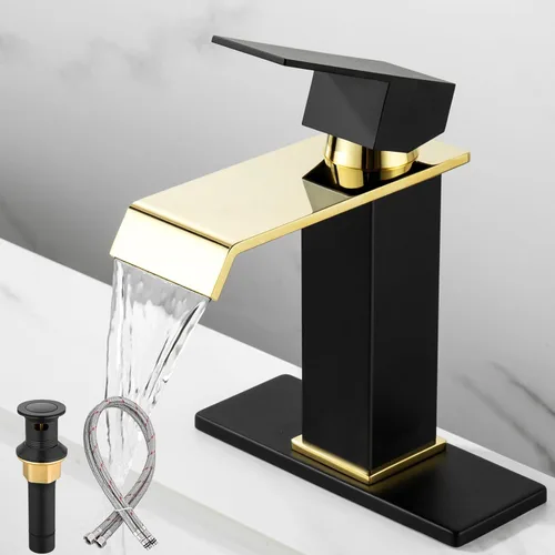 Grifo de lavabo de baño, color negro y dorado, estilo cascada, fabricado en SUS304 de acero inoxidable, maneta única, montaje en cubierta adecuado