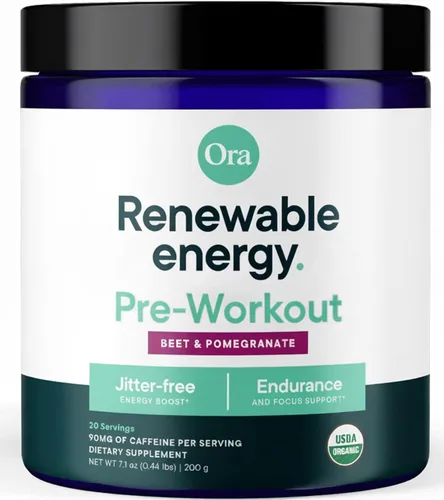 Ora Organic Polvo de preentrenamiento para hombres y mujeres, sabor a remolacha de bayas, certificado orgánico, sin soja, sin lácteos, sin gluten,