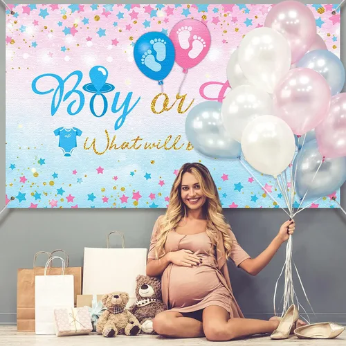 Miniatura 5 de Fondo de revelación de género para niño o niña, fondo azul y rosa para fiesta de revelación de género, cartel con texto en inglés «What Will Baby