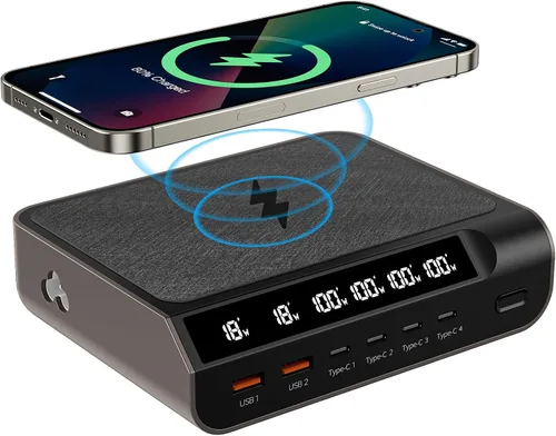 Cargador compacto USB C de 240 W - Cargador GaN de 6 puertos con pantalla digital para teléfonos, tabletas, portátiles (oro champán)