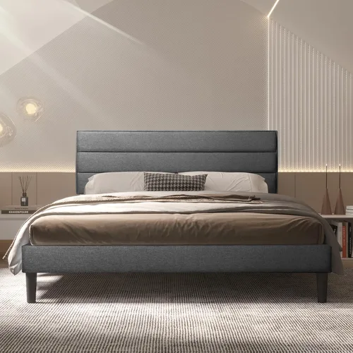Miniatura 2 de BONSOIR Marco de cama tapizado de perfil bajo moderno de color gris de tamaño matrimonial con cabecero copetudo