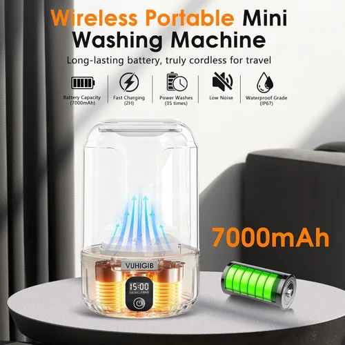 Miniatura 4 de Lavadora portátil, lavadora inalámbrica recargable de 7000mAh con 10 pinzas para ropa Limpieza profunda de ropa de bebé, ropa interior, calcetines